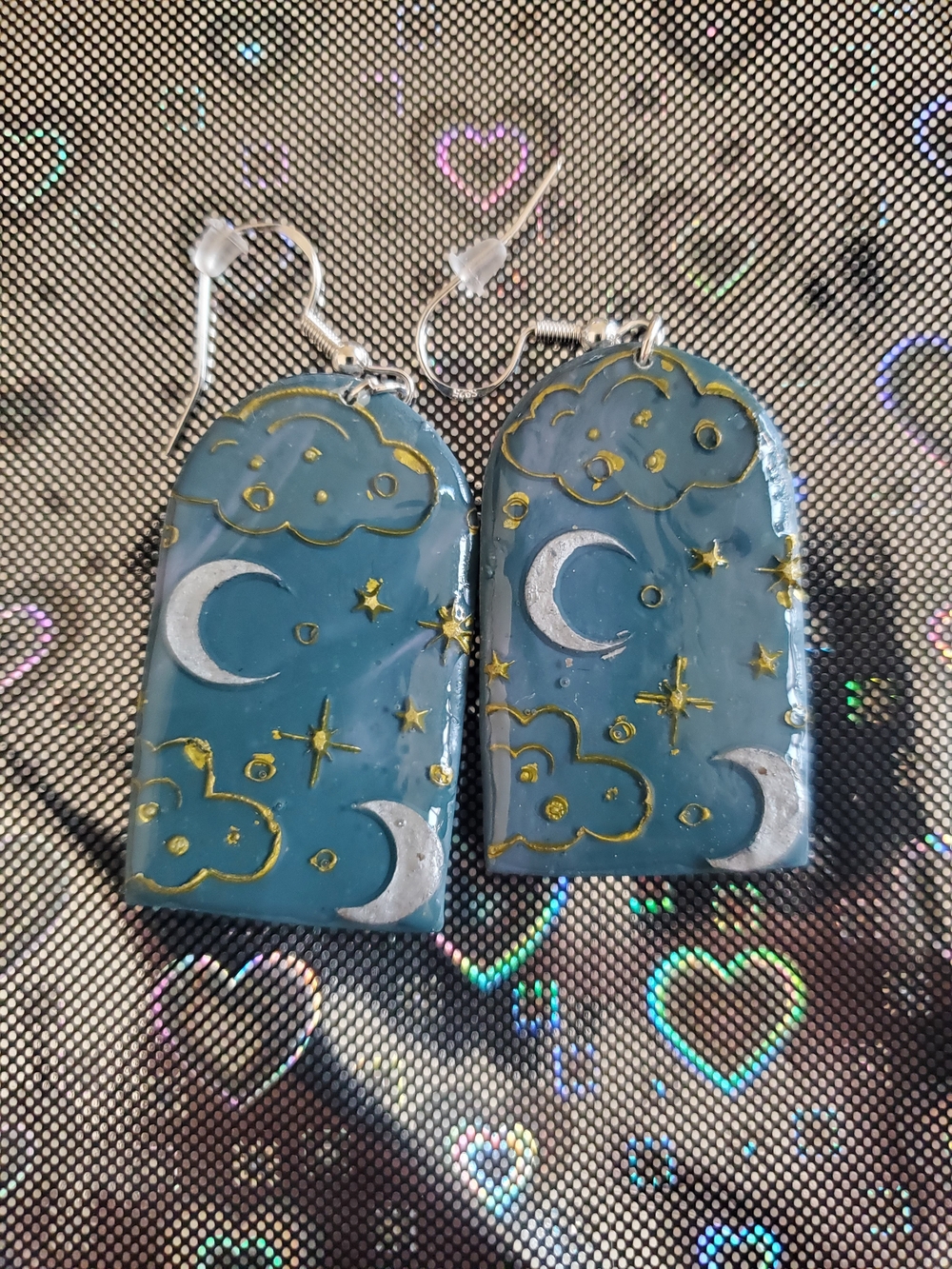 Moon & Cloud Dangle Earrings in Teal with Gold Accents